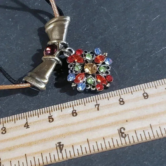 Rustic Antique Bronze Rhinestones Geometric Pendant Necklace Vegan Leather - Picture 10 of 10